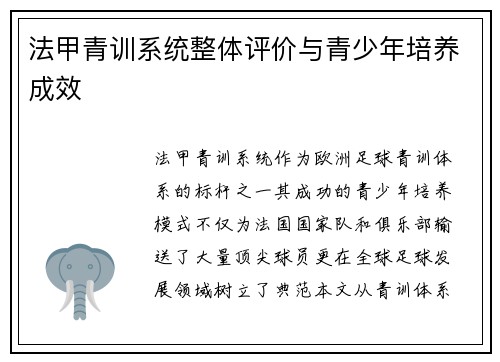 法甲青训系统整体评价与青少年培养成效
